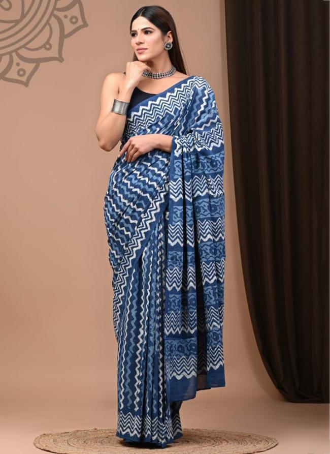 Cotton Blue Daily Wear Printed Saree